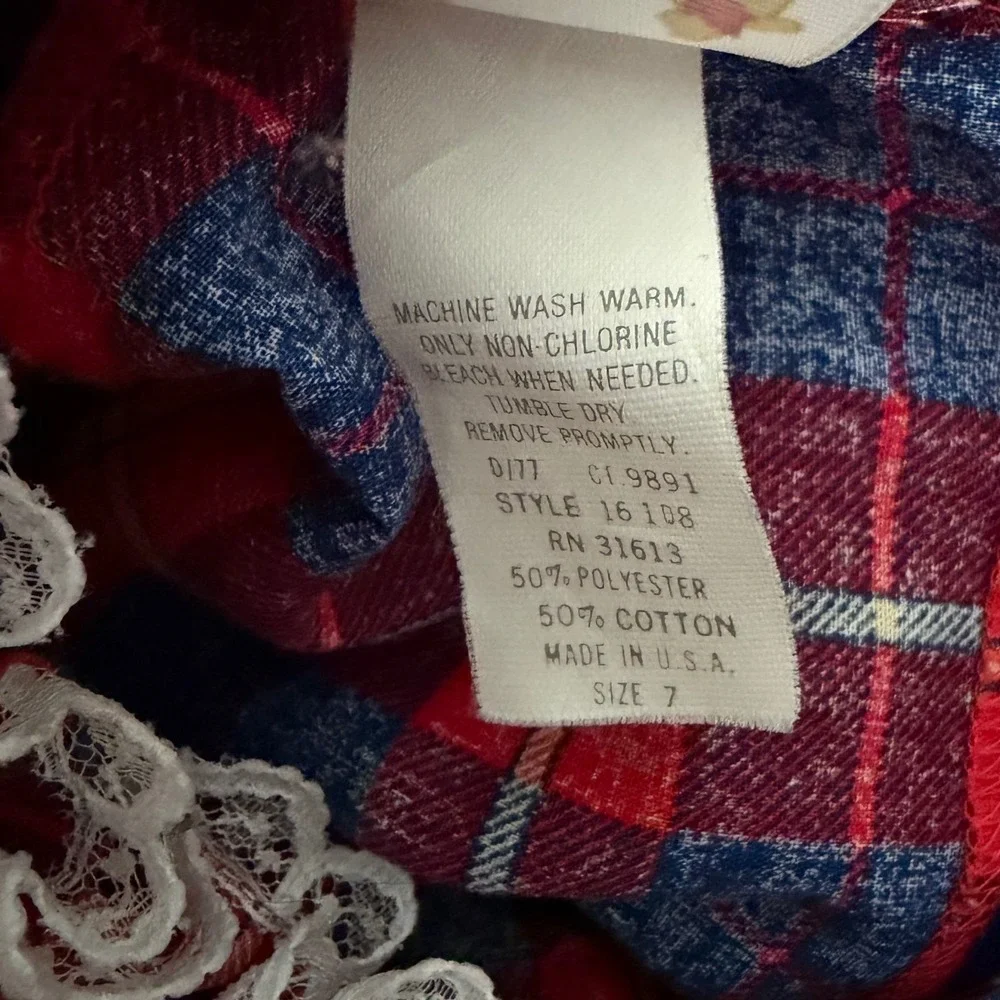 Winnie The Pooh Vintage Plaid Lace Ruffle Dress Kids 7 Red Victorian USA Tartan